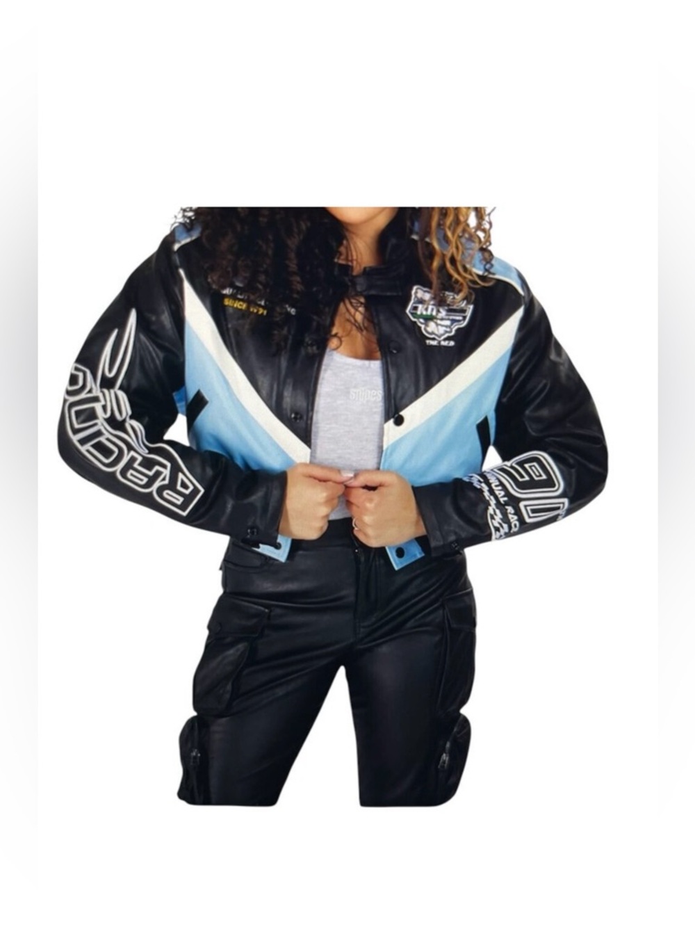 Smoke Rise Cropped Vegan Leather Racing Bomber Jacket Black/Blue Size: XS